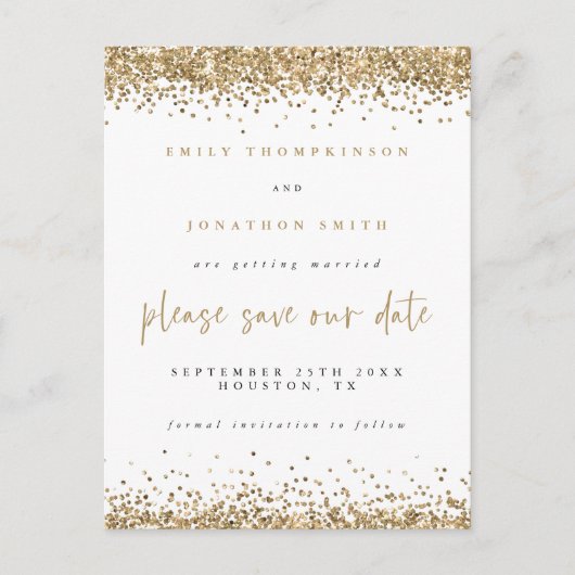 Gold Glitzer Borders Script Wedding Save the Date Ankündigungspostkarte (Vorderseite)