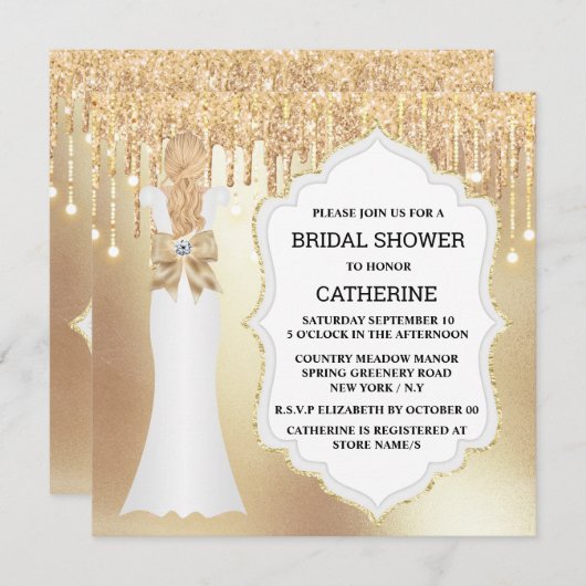 Gold Glitzer Brautkleid elegant luxuriös schimmern Einladung (Vorne/Hinten)