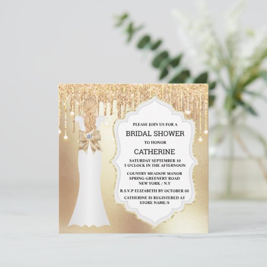 Gold Glitzer Brautkleid elegant luxuriös schimmern Einladung (Stehend Vorderseite)