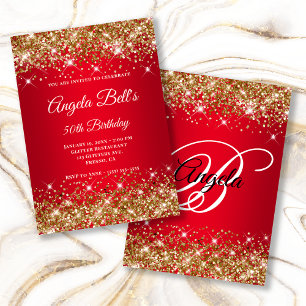 Gold Glitzer Bright Red Ombre Extravagant Monogram Einladung