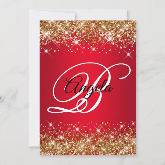 Gold Glitzer Bright Red Ombre Extravagant Monogram Einladung (Rückseite)