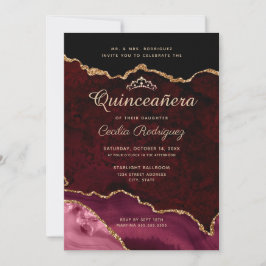 Gold Glitzer Burgundy Agate Quinceanera Einladung