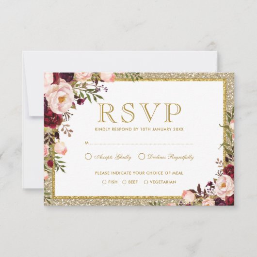 Gold Glitzer Burgundy Blush Floral Wedding RSVP Karte (Vorderseite)