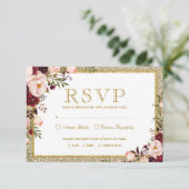 Gold Glitzer Burgundy Blush Floral Wedding RSVP Karte (Stehend Vorderseite)