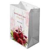 Gold Glitzer Burgundy Dahlia Rose Floral Geburtsta Mittlere Geschenktüte (Rückseite Schrägansicht)