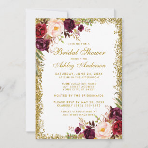 Gold Glitzer Burgundy Floral Brautparty Einladung