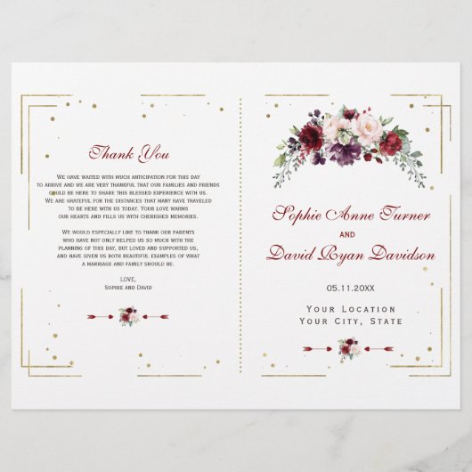 Gold Glitzer Burgundy Floral Wedding Program (Vorderseite)