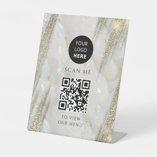 Gold Glitzer Business QR Code Logo Opal Stone Sockelschild (Vorderseite)