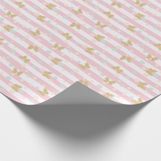 Gold Glitzer Butterfells Pink Stripes Girly Geschenkpapier (Ecke)