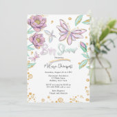 Gold Glitzer Butterfly and Flower Girl Babydusche Einladung (Stehend Vorderseite)