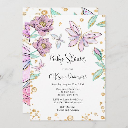 Gold Glitzer Butterfly and Flower Girl Babydusche Einladung (Vorne/Hinten)