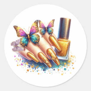 Gold Glitzer Butterfly Nails Runder Aufkleber