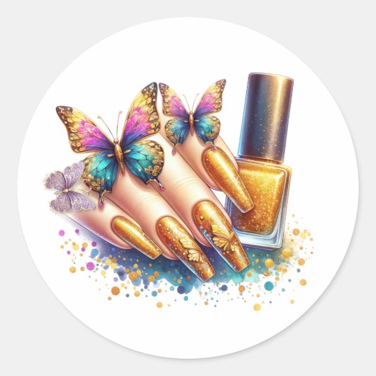 Gold Glitzer Butterfly Nails Runder Aufkleber (Vorderseite)