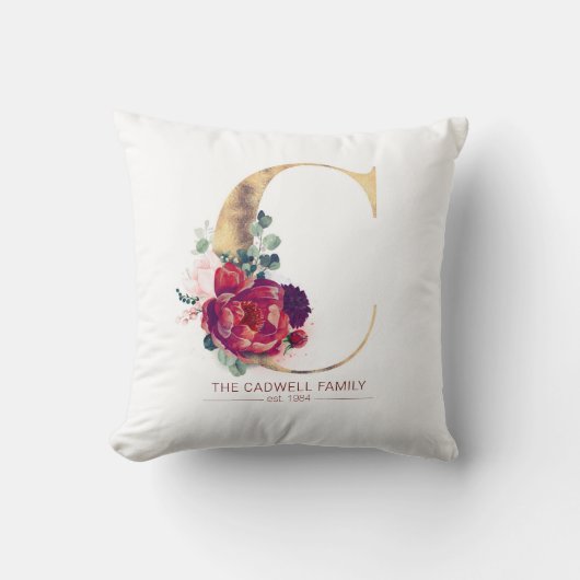 Gold Glitzer C Monogram Floral Burgund Red Kissen (Vorderseite)