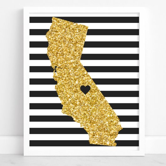 Gold Glitzer California Schwarze und weiße Streife Poster
