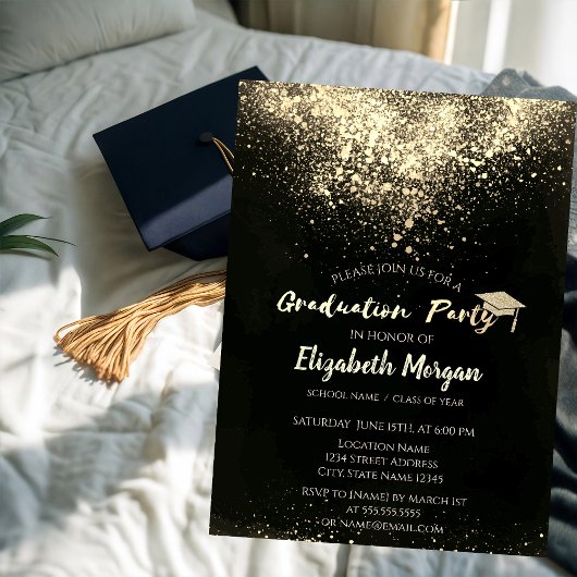 Gold Glitzer Cap, Confetti Graduation Party Einladung