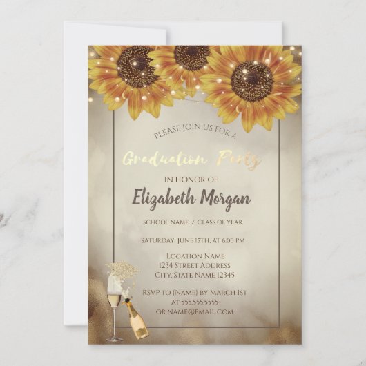 Gold Glitzer Cap, Wein, Glas, Sonnenblumen Gold To Einladung (Vorderseite)