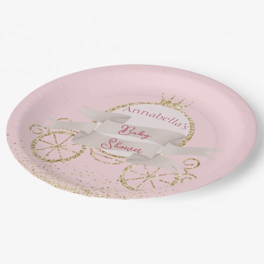 Gold Glitzer Carriage Mairy Tale Baby Dusche Pappteller (Schrägansicht)