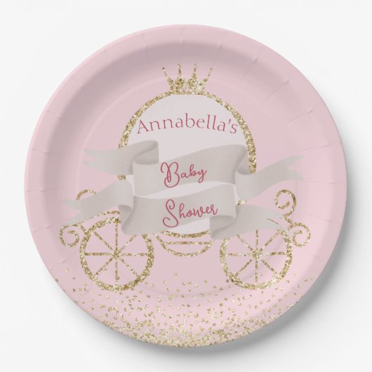 Gold Glitzer Carriage Mairy Tale Baby Dusche Pappteller (Vorderseite)
