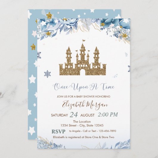 Gold Glitzer Castle, Blumen, Sterne Einladung (Vorne/Hinten)