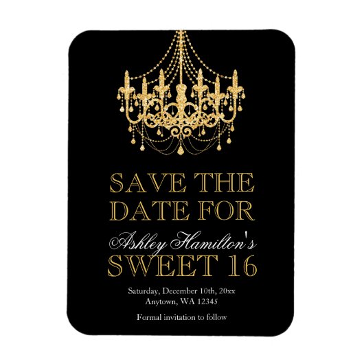 Gold Glitzer Chandelier Sweet 16 Save the Date Magnet (Vertikal)