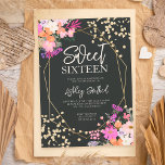 Gold Glitzer Chic florale Aquarell Foto Sweet 16 Einladung<br><div class="desc">Eine schicke Quelle,  sommerrosa,  lila und orangefarbene Aquarell und Glitzer Konfetti-Typografie Sweet 16 Geburtstag mit handgemalten Blume,  grüne Aquarellblätter mit goldgeometrischen Terrarium Rahmen auf dunklem Hintergrund,  perfekt für alle Jahreszeiten Geburtstagsparty,  fügen Sie Ihr Foto auf der Rückseite</div>