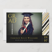Gold Glitzer Chic Stripes Foto Graduation Party Einladung (Vorderseite)