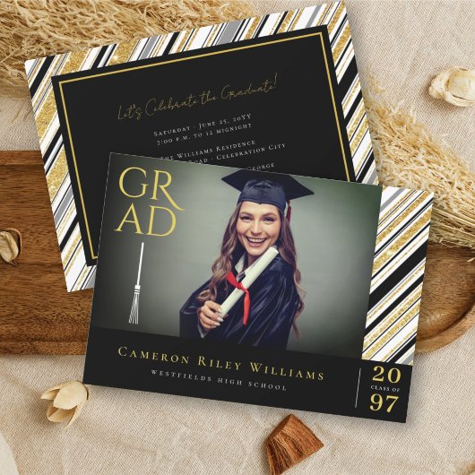 Gold Glitzer Chic Stripes Foto Graduation Party Einladung