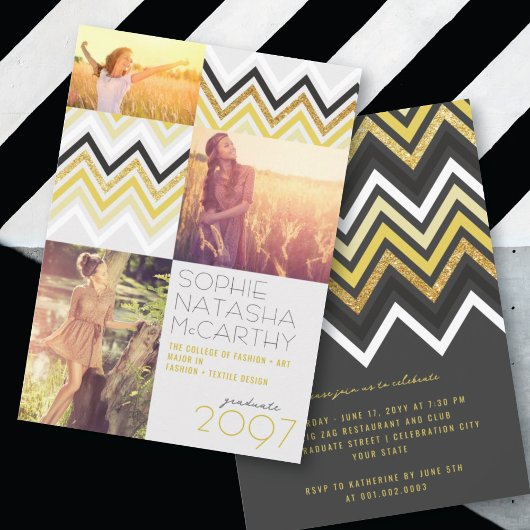 Gold Glitzer Chic Zickzack Stripes Graduation Part Einladung