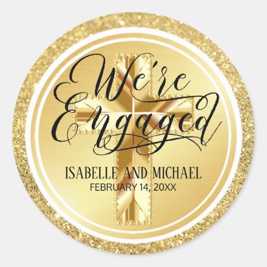 Gold Glitzer Christliche Personalisierte Verlobung Runder Aufkleber (Vorderseite)