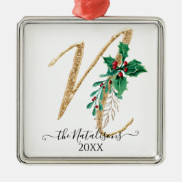 Gold Glitzer Christmas Holly Foliage Monogram N Ornament Aus Metall