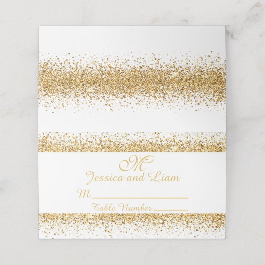 Gold Glitzer Confetti auf weißem Grund Platzkarte (Außenseite Aufgefaltet)