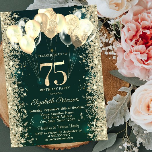 Gold Glitzer Confetti Balloons Green 75. Geburtsta Einladung