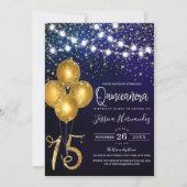 Gold Glitzer Confetti Balloons Lights Quinceañera Einladung (Vorderseite)