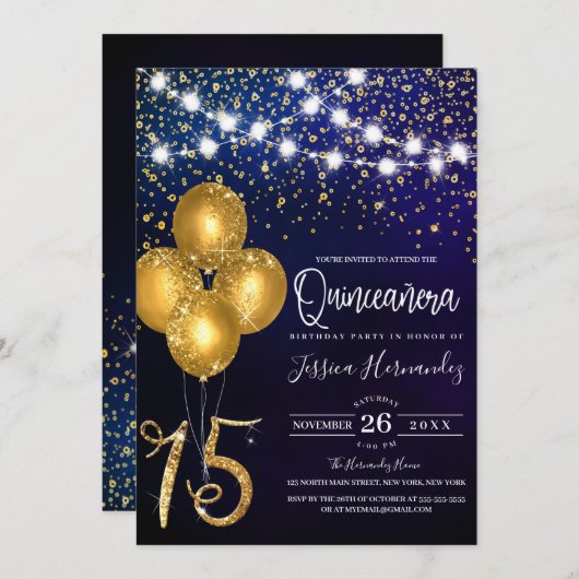 Gold Glitzer Confetti Balloons Lights Quinceañera Einladung (Vorne/Hinten)