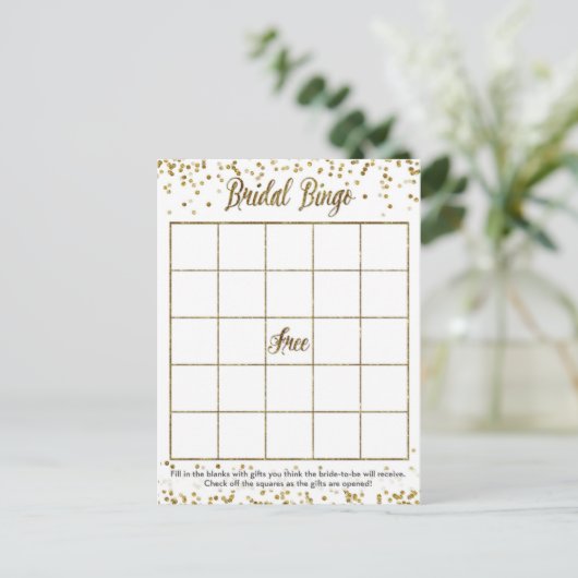 Gold Glitzer Confetti Bingo Brautparty Game Einladungspostkarte (Stehend Vorderseite)