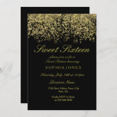 Gold Glitzer Confetti Black Sweet 16 Einladung (Vorne/Hinten)