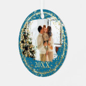 Gold Glitzer Confetti Blue Family Foto Weihnachten Ornament Aus Metall (Vorderseite links)