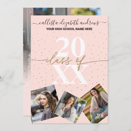 Gold Glitzer Confetti Class of Abschluss Foto Einladung (Vorne/Hinten)