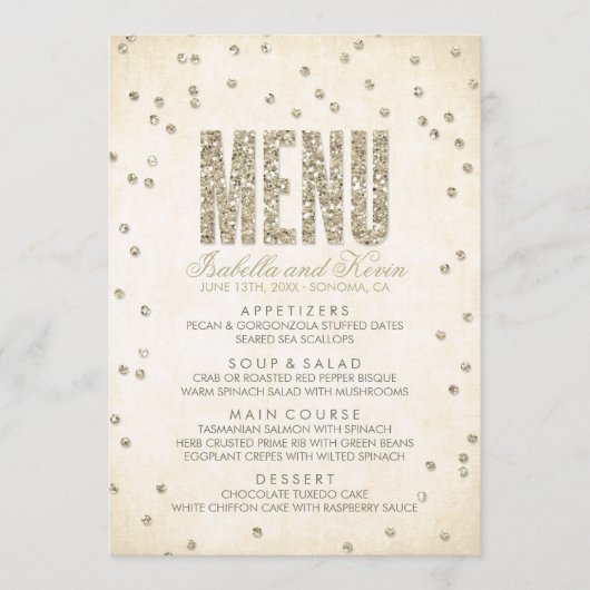 Gold Glitzer Confetti Dots Wedding Menu Menükarte (Vorderseite)