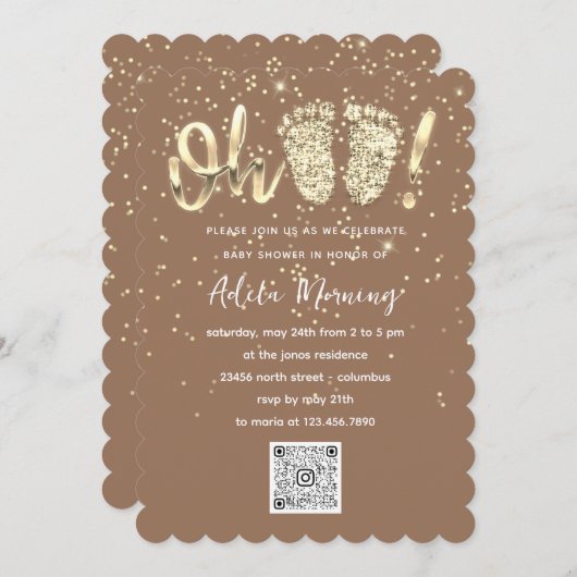 Gold Glitzer Confetti Feet Baby Girl QR CODE Brown Einladung (Vorne/Hinten)