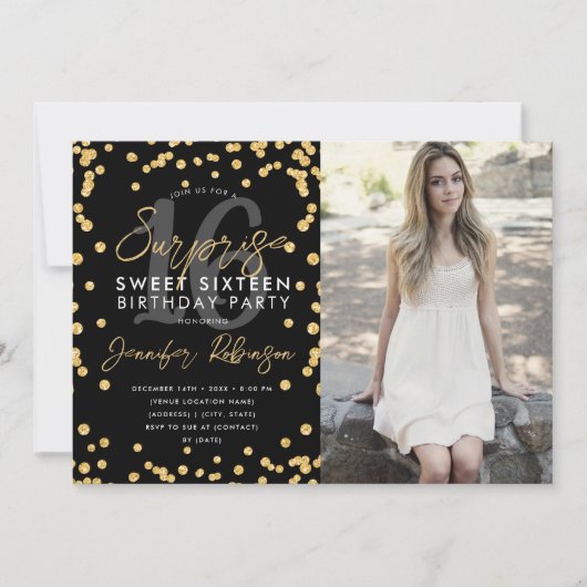 Gold Glitzer Confetti Foto Überraschung Sweet 16 Einladung (Vorderseite)