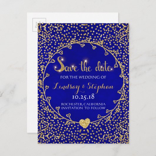 Gold Glitzer Confetti Glam Cobalt Save the Date Ankündigungspostkarte (Vorne/Hinten)