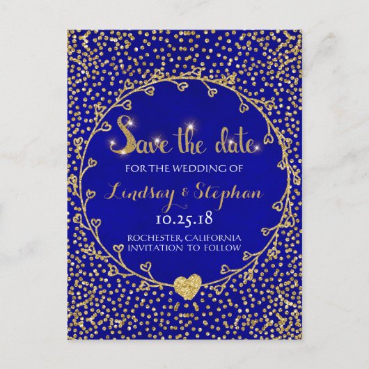 Gold Glitzer Confetti Glam Cobalt Save the Date Ankündigungspostkarte (Vorderseite)