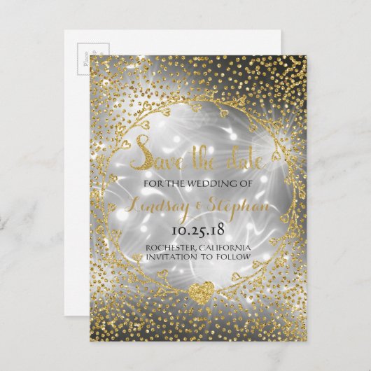 Gold Glitzer Confetti Glam Feuerwerk Save the Date Ankündigungspostkarte (Vorne/Hinten)