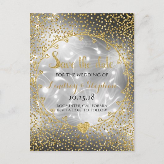 Gold Glitzer Confetti Glam Feuerwerk Save the Date Ankündigungspostkarte (Vorderseite)