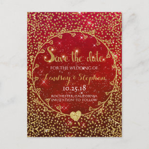 Gold Glitzer Confetti Glam Rot Save the Date Ankündigungspostkarte