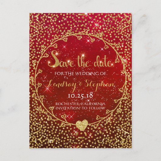 Gold Glitzer Confetti Glam Rot Save the Date Ankündigungspostkarte (Vorderseite)
