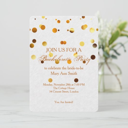 Gold Glitzer Confetti Glitzern White Bachelorette Einladung (Stehend Vorderseite)