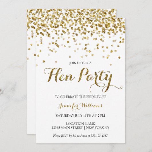 Gold Glitzer Confetti Hens Party Einladung (Vorne/Hinten)